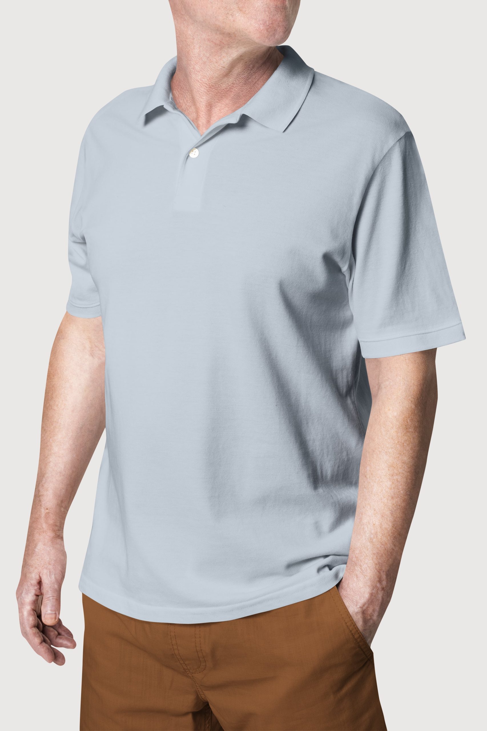 man wearing basic gray polo shirt apparel